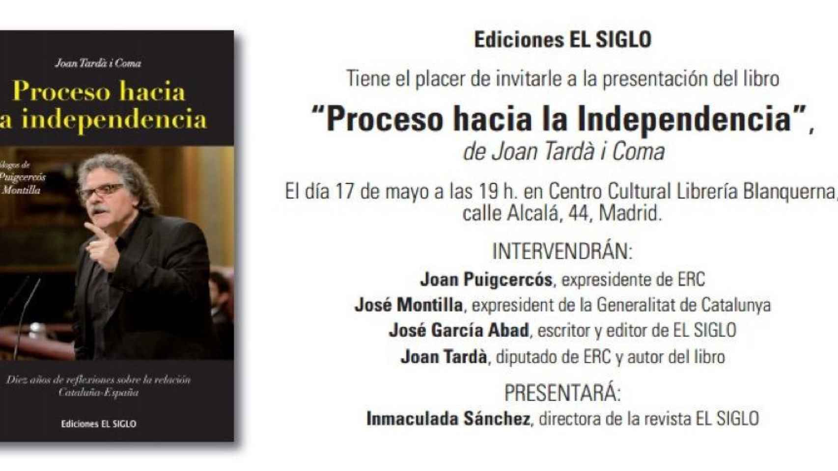 La tarjeta de invitación a la presentación del libro de Joan Tardà / CG