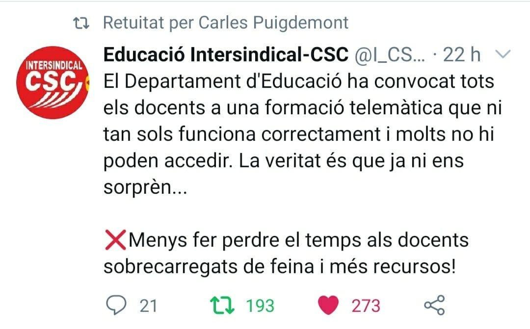 Mensaje de la Intersindical-CSC retuiteado por Puigdemont / TWITTER