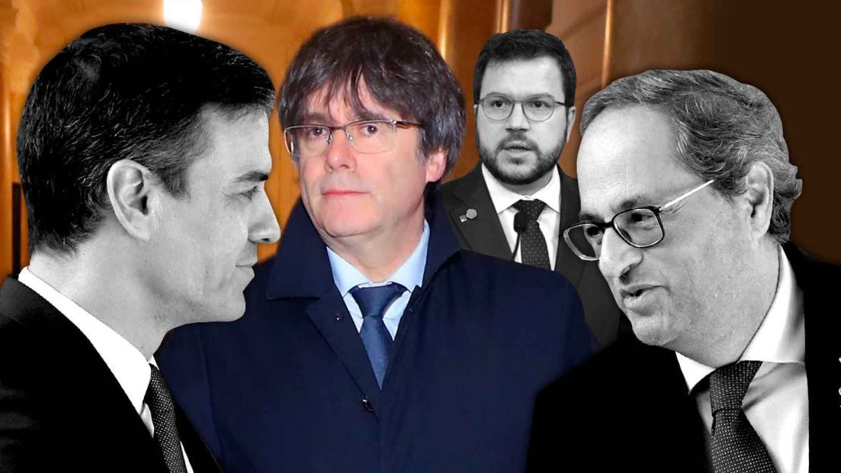 Carles Puigdemont entre el presidente Pedro Sánchez, Quim Torra y Pere Aragonès / CG