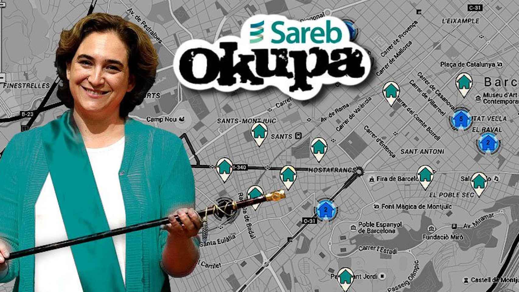 La alcaldesa de Barcelona, Ada Colau, ante el mapa de pisos de la Sareb que la PAH llama a 'okupar'