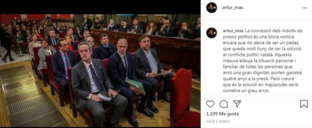 Artur Mas, opinando sobre los indultos a los políticos presos en su cuenta de Instagram