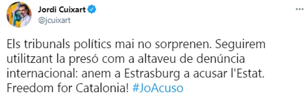 Jordi Cuixart, anunciando su intención de denunciar a España ante la justicia europea / TWITTER