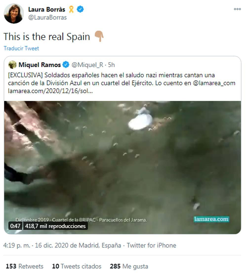 Laura Borràs (JxCat) equipara con España a un grupo de militares haciendo el saludo fascista en su perfil de Twitter