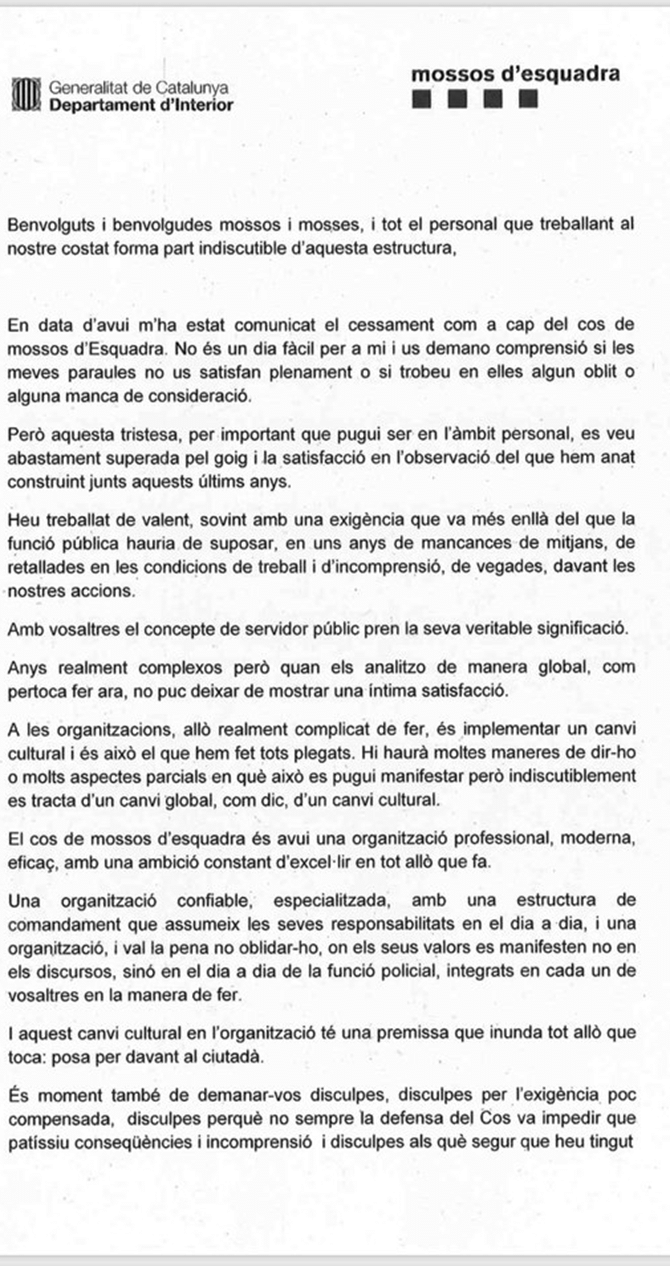 Primera página de la carta de despedida de Josep Lluís Trapero / CG