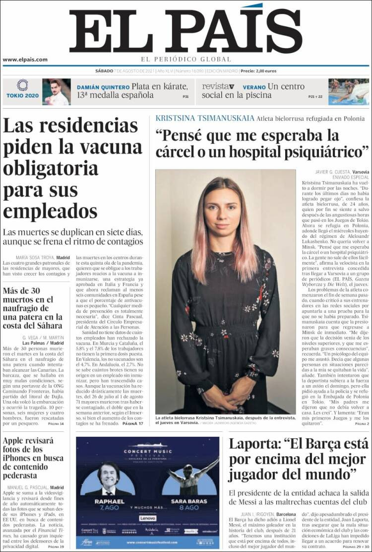 Portada de El País, 7 de agosto de 2021