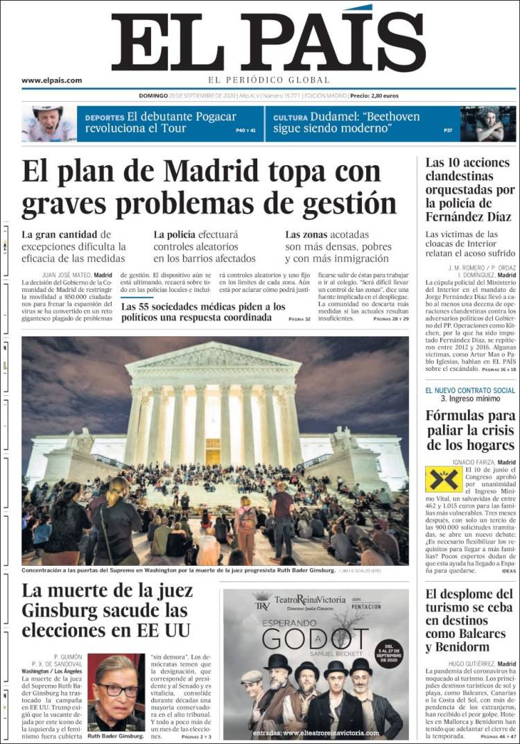 Portada de El País, 20 de septiembre de 2020