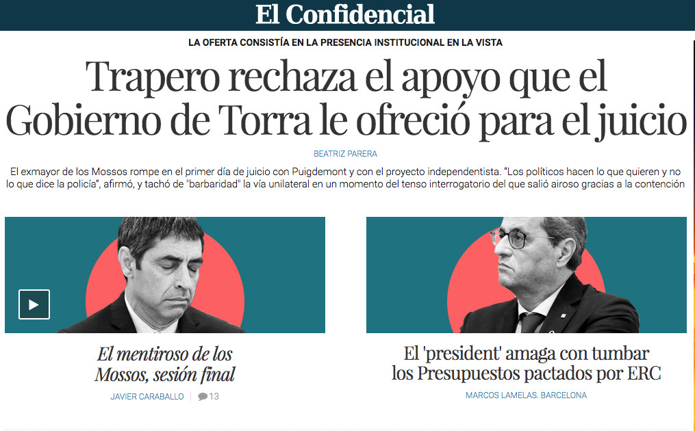 Portada de 'El Confidencial' con informaciones sobre Josep Lluís Trapero y Quim Torra
