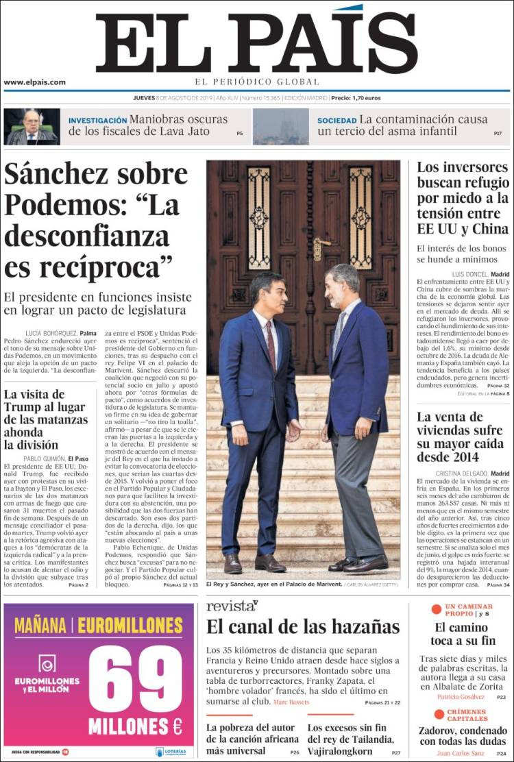 Portada de 'El País' del jueves 8 de agosto