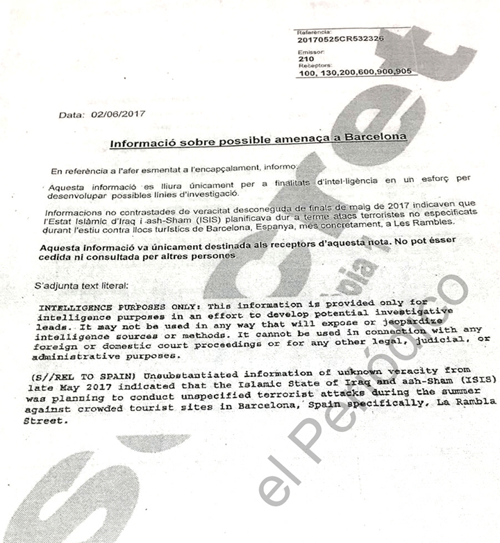 El documento en el que la CIA avisa a los Mossos d'Esquadra de un posible atentado y que éstos pretendían destruir / CG