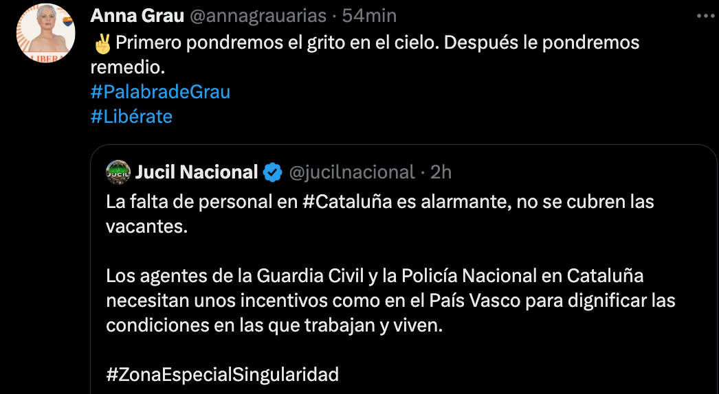 Publicación en la cuenta oficial de Twitter de Anna Grau (Cs) tras apoyar la protesta en Sant Jaume / TWITTER