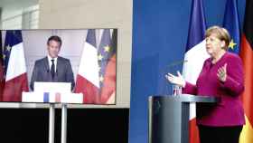 El presidente francés, Enmanuel Macron, y la cancillera Angela Merkel, en el encuentro bilateral / EP