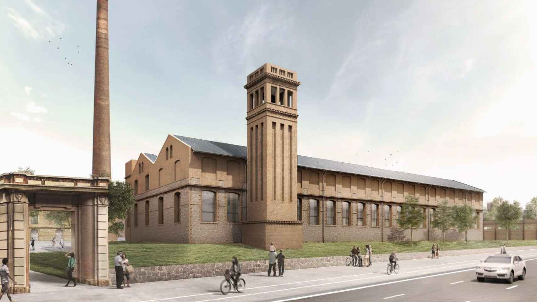 Diseño de la futura sede de Can Batlló tras la rehabilitación para ser sede de la Escuela de medios audiovisuales / CG