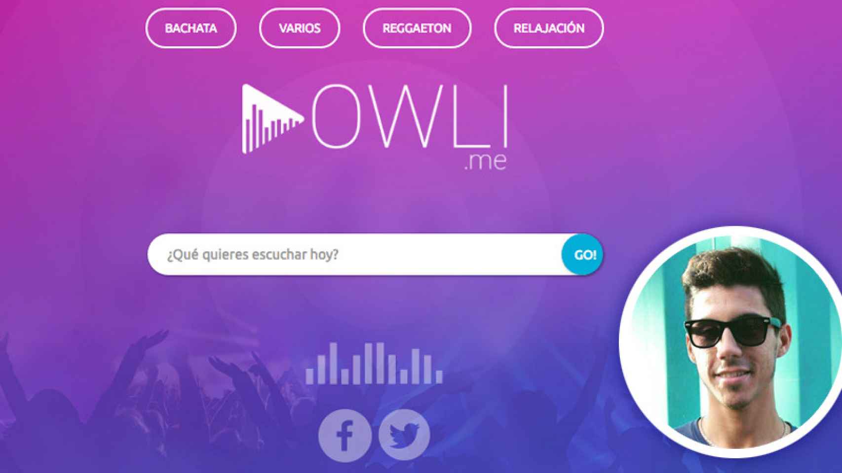 Imagen de la web de la plataforma de música 'online' Owli y de su creador, el joven Matías de la Llera.