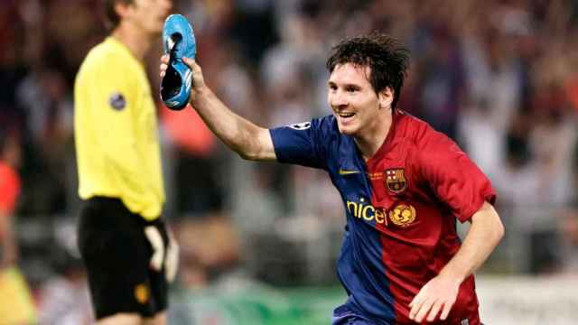 Messi celebra su gol al Manchester United en la final de Roma / FCB