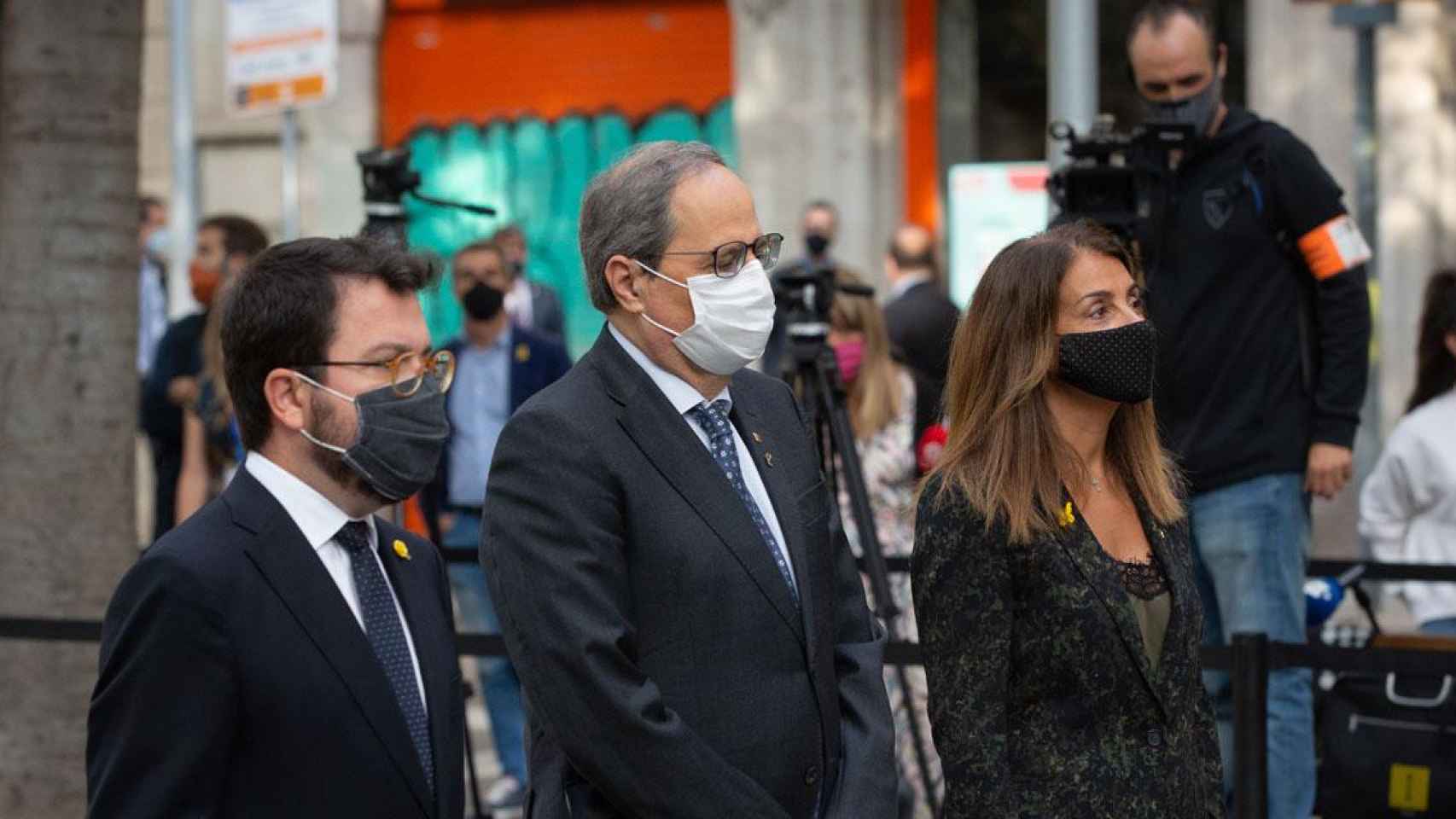 El presidente de la Generalitat, Quim Torra, junto al vicepresidente, Pere Aragonés, y la portavoz, Mertixell Budó durante la Diada / EUROPAPRESS
