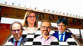 Elsa Artadi, Carles Puigdemont, Quim Torra y Josep Costa encima un tablero de ajedrez ante Lledoners / FOTOMONTAJE DE CG