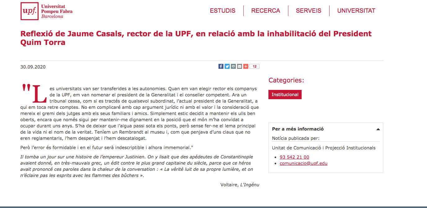 Mensaje de Jaume Casals, rector de la UPF, en defensa de Quim Torra / UPF