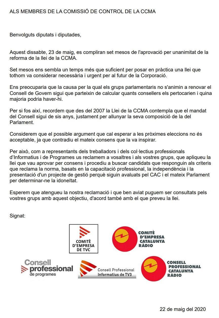 Comunicado de los profesionales TV3 y Catalunya Ràdio sobre la renovación de cargos