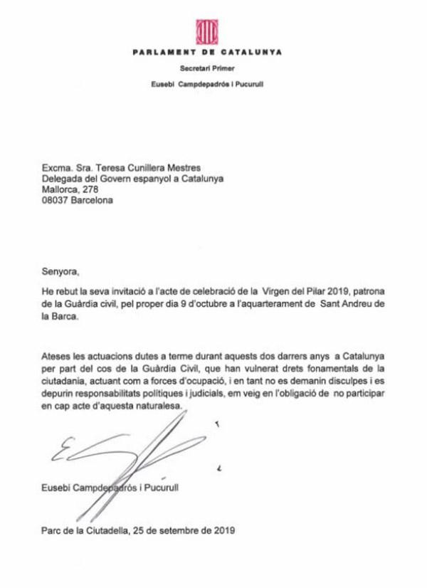 Carta de Eusebi Camdepadrós, en la que rechaza acudir a la fiesta de la patrona de la Guardia Civil
