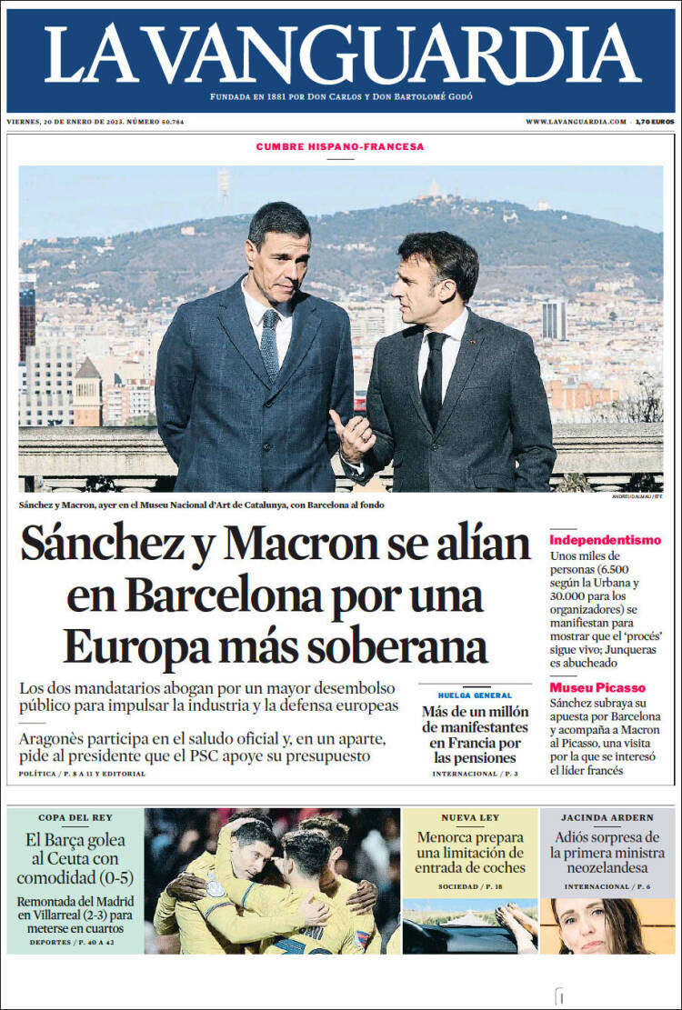 Portada de 'La Vanguardia' de 20 de enero de 2023 / KIOSKO.NET