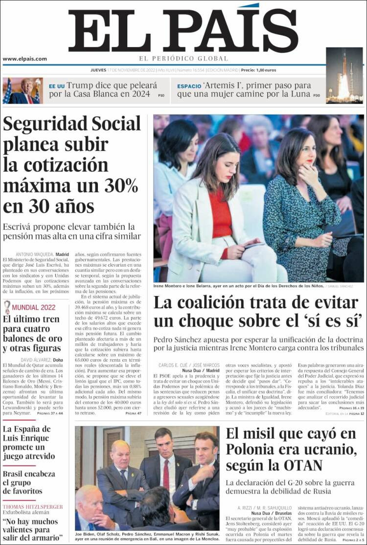 Portada de 'El País' del 17 de noviembre de 2022