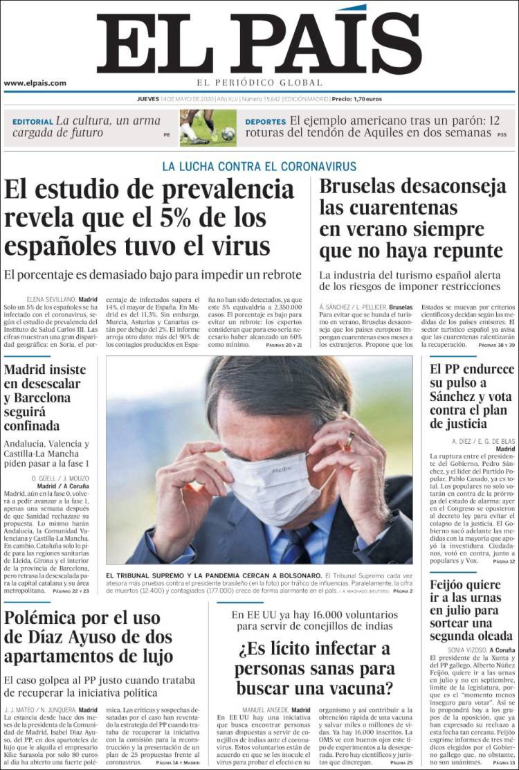 Portada de El País del 14 de mayo de 2020