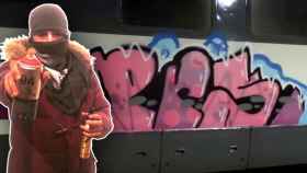 'El Filos'', el grafitero denunciado, y una pintada en un tren que muestra en su perfil de Facebook.