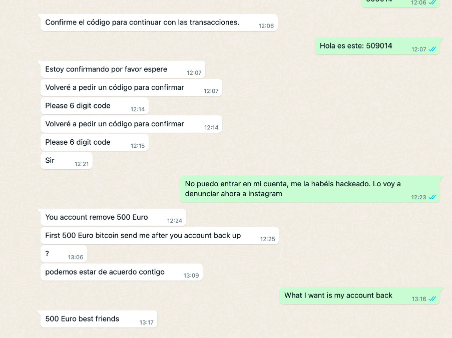 Conversación de whatsapp de Mark Serra con el ciberdelincuente