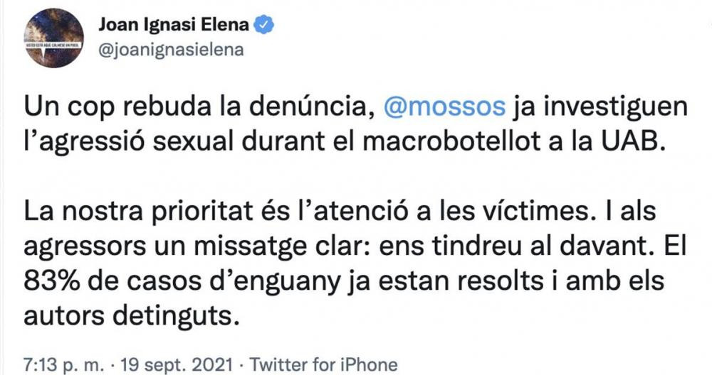Tuit del consejero de Interior, Joan Ignasi Elena, para denunciar la agresión sexual en la UAB / TWITTER