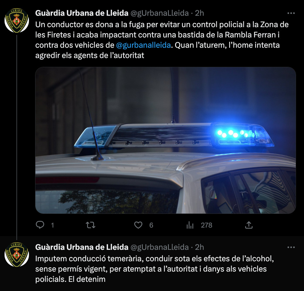 Tuit de la Guardia Urbana de Lleida sobre la detención de un conductor ebrio y sin carnet el pasado viernes por la noche /GUB LLEIDA