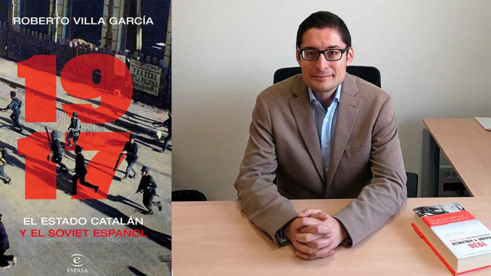 Roberto Villa García junto a la portada de su libro '1917, El Estado Catalán y el Soviet Español' / CG