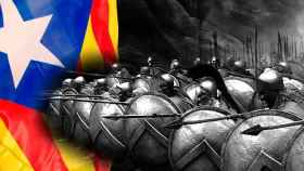 Los funcionarios no independentistas se inspiran en los 300 soldados espartanos, en la imagen enfrentados ante una 'estelada' / FOTOMONTAJE DE CG