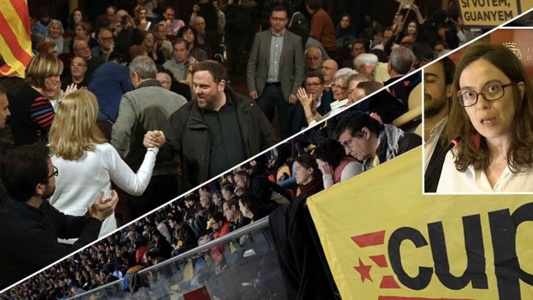 Eulàlia Reguant (derecha), diputada de la CUP y Oriol Junqueras (izquierda) en un acto de campaña de ERC.