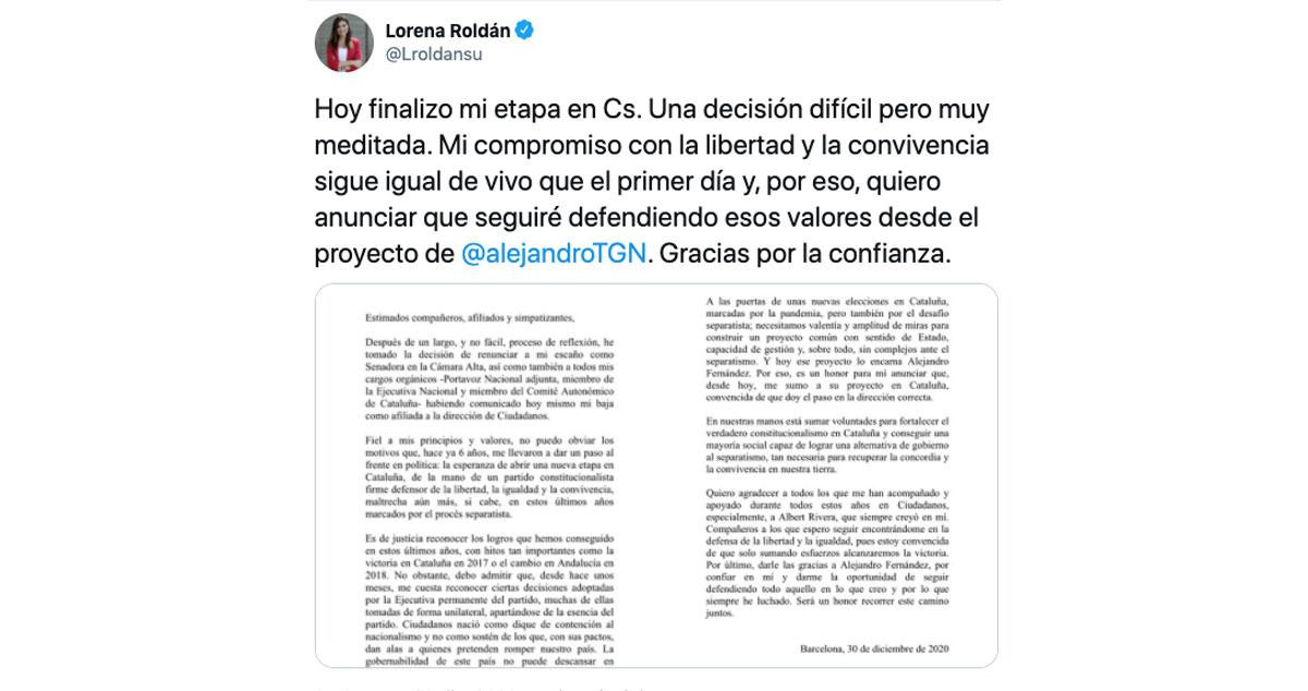 Lorena Roldán comunica que deja Ciudadanos y 'ficha' para el PP / TWITTER