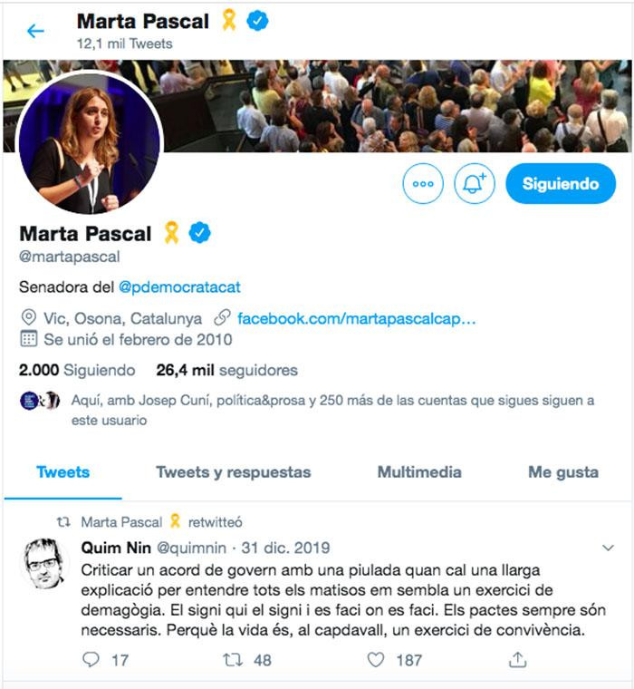 El círculo de la exdirigente del PDeCAT Marta Pascal ha dado su voto de confianza al pacto entre republicanos y socialistas, esto es, “al diálogo y el posibilismo”, frente a los “ejercicios de demagogia”. De esta forma, el sector más moderado de Junts per Catalunya se posicionaba en contra de las embestidas de dirigentes como Laura Borràs, Miriam Nogueras o el propio Carles Puigdemont.