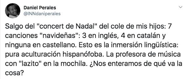 Tuit que denuncia el monolingüismo en las escuelas catalanas en Navidad