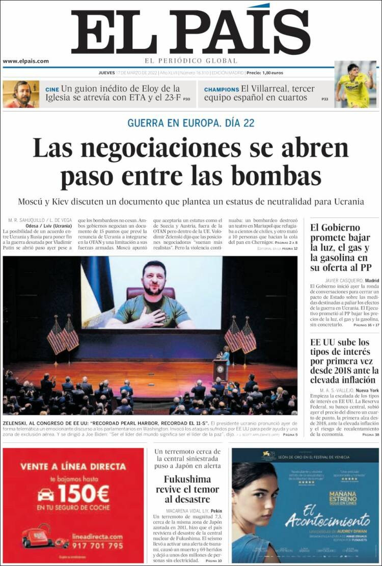 Portada de 'El País' del 17 de marzo de 2022 / KIOSKO.NET