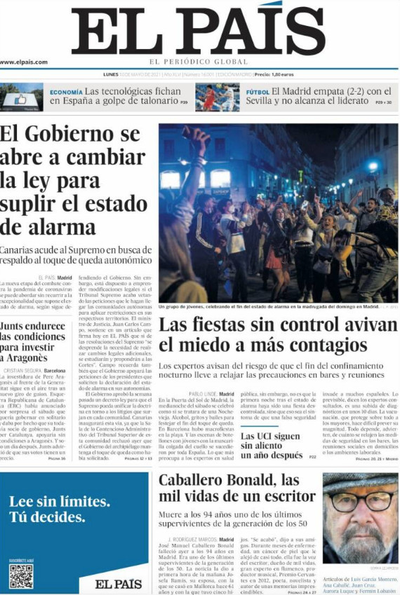 Portadas de 'El País' del 10 de mayo de 2021 / EL PAÍS
