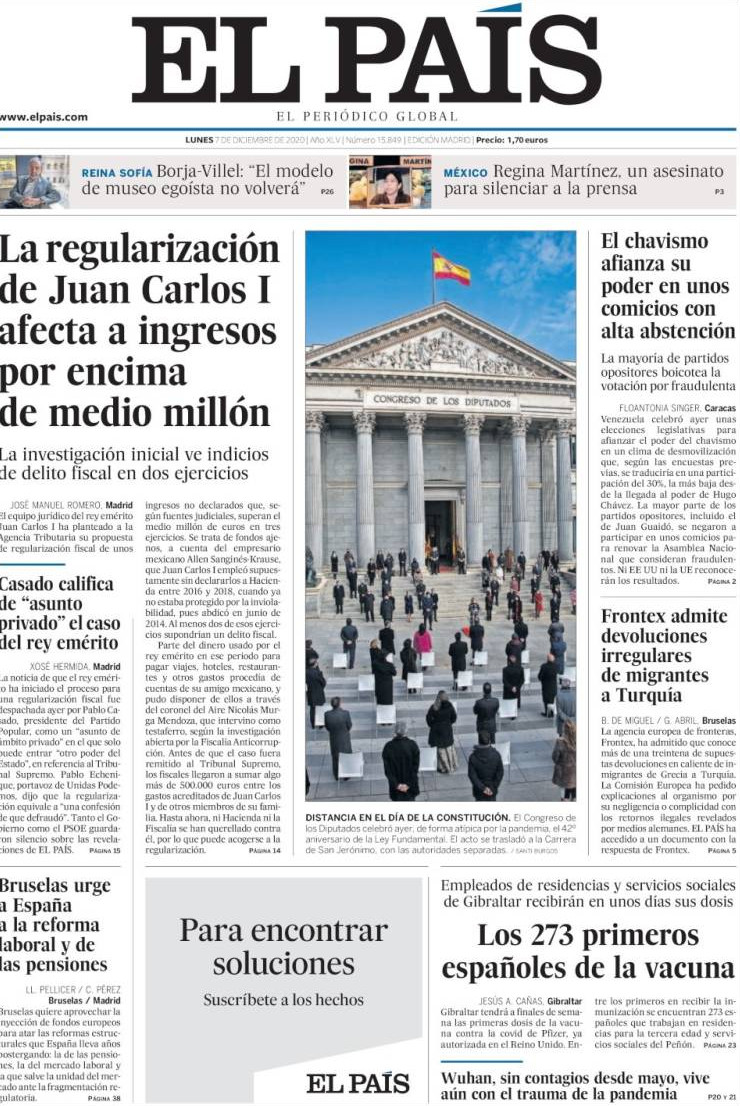 Portada de 'El País' del 7 de diciembre de 2020 / KIOSKO.NET