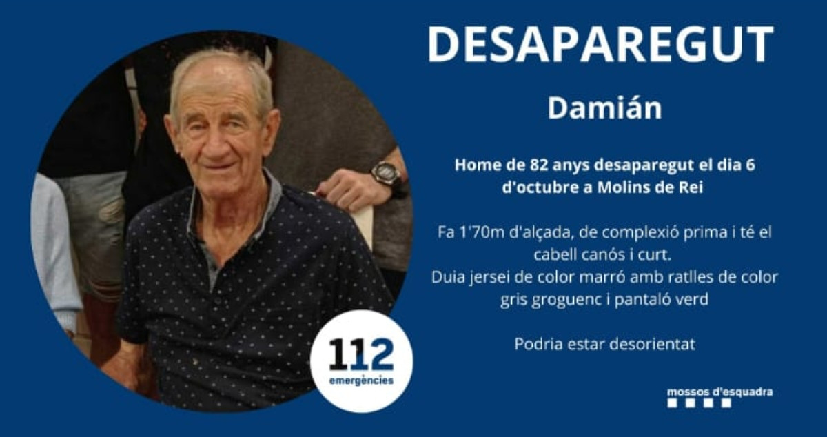 Anciano de 82 años desaparecido en Molins de Rei (Barcelona) / MOSSOS