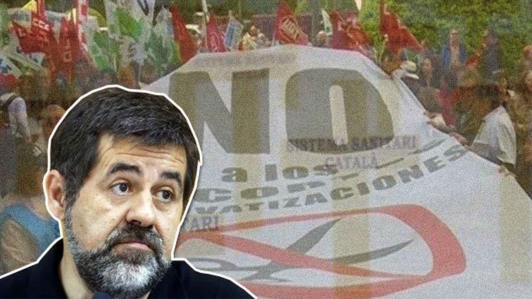 Jordi Sánchez, presidente de la Asamblea Nacional Catalana (ANC), y una de las protestas de Marea Blanca.