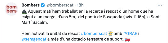 Un tweet e los Bombers de la Generalitat avisando del rescate de un hombre herido en el pantano de Susqueda