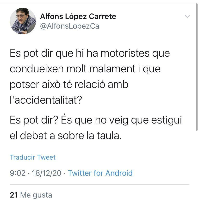 El tuit de Alfons López Carreté, ecologista y miembro del lobi del número 43 de la calle Casp en Barcelona / CG