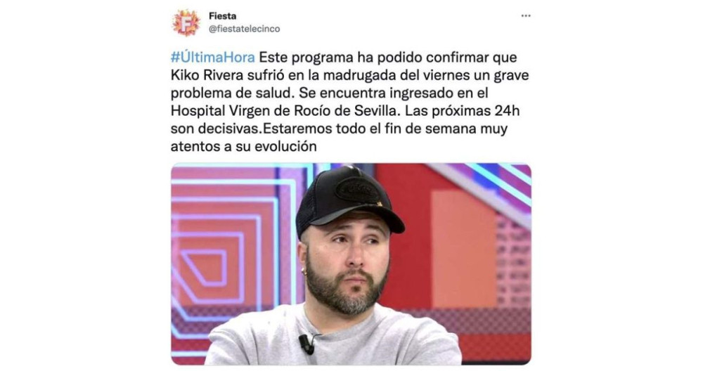Comunidado oficial de 'Fiesta' sobre el estado de salud de Kiko RIvera / TWITTER