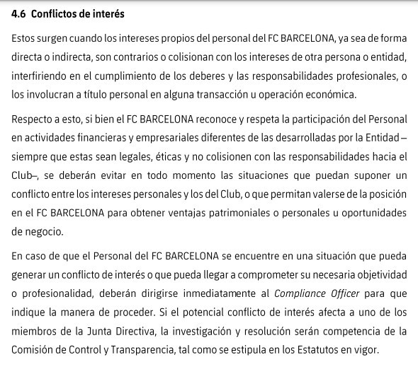 El punto 4.6 del código ético del Barça habla sobre el conflicto de interés / FCB