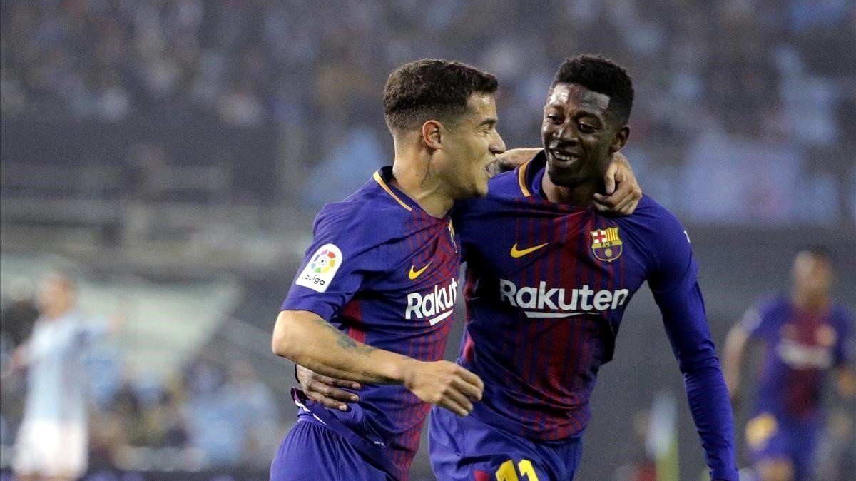 Coutinho y Dembelé celebran un gol del Barça / EFE