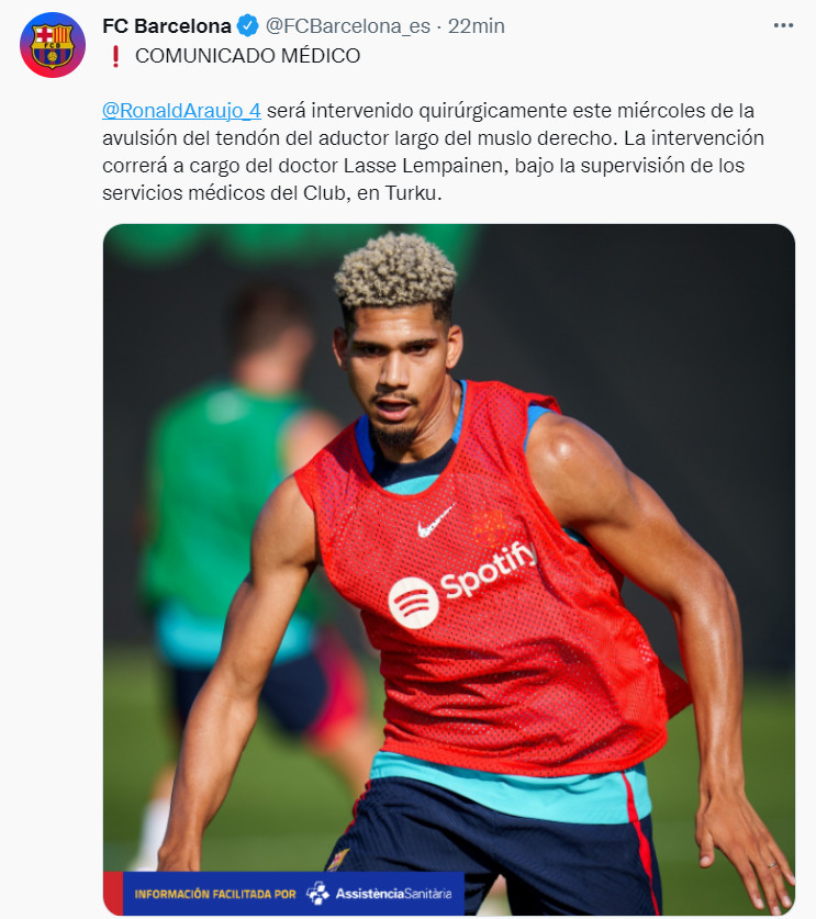 El Barça ha lanzado un comunicado sobre la operación de Ronald Araujo / Twitter