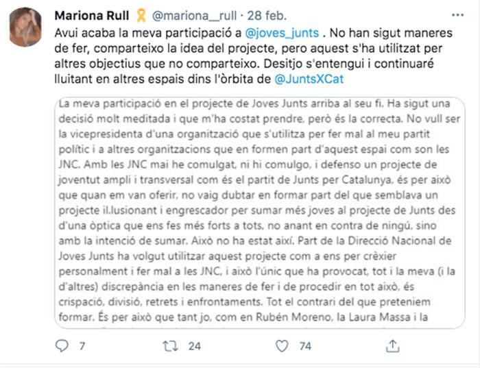 Tuit de Mariona Rull, sobrina del exconsejero de la Generalitat Josep Rull