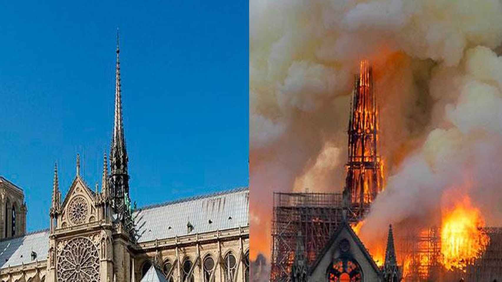Aguja de la catedral de Notre Dame, antes y después del incendio / EFE