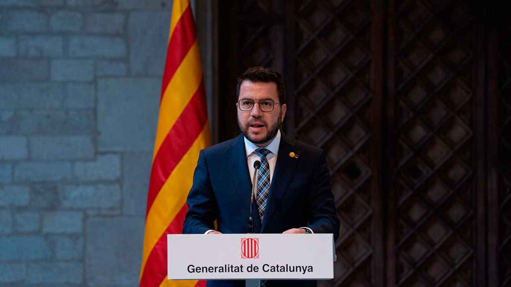 El presidente de la Generalitat, Pere Aragonès, en una comparecencia donde valora la reforma del delito de sedición como un paso importante / EUROPA PRESS